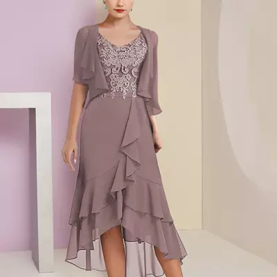 Two piece mother of the bride dress/groom formal fall wedding guest elegant high low v neck asymmetrical tea length chiffon