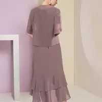 Two Piece Mother of the Bride Dress/Groom Formal Fall Wedding Guest Elegant High Low V Neck Asymmetrical Tea Length Chiffon - Thumbnail 1