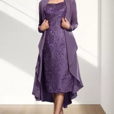 Mother of the bride/groom dress elegant jewel neck knee length chiffon long sleeve jacket dresses with lace