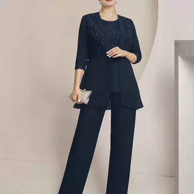 Mother of the bride/groom jumpsuit formal wedding guest elegant scoop neck floor length chiffon 3/4 length sleeve with lace sequin