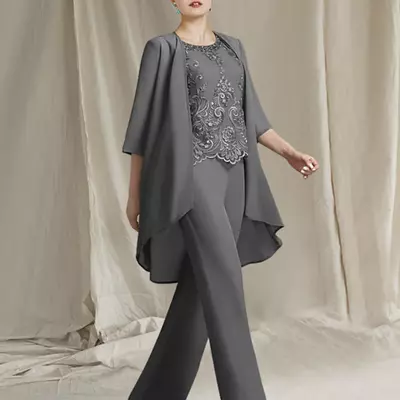 Jumpsuit / pantsuit 3 piece mother of the bride /groom dress formal wedding guest elegant floor length lace with beading appliques 