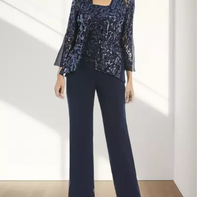 Jumpsuit / pantsuit 3 piece mother of the bride/groom dress square neck floor length chiffon lace sequined 3/4 length sleeve