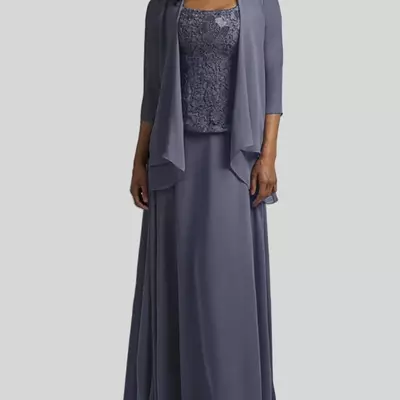 Two piece a-line mother of the bride/groom dress elegant square neck floor length chiffon 3/4 length sleeve with lace