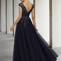 A-Line Mother of the Bride Dress Vintage Elegant V Neck Floor Length Tulle Sequined Cap Sleeve with Sequin Appliques - Thumbnail 1