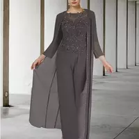 Mother of the Bride/Groom Dress Wedding Guest Elegant Jewel Neck Ankle Length Chiffon Long Sleeve with Lace Sequin - Thumbnail 4