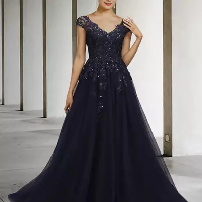 A-line mother of the bride dress vintage elegant v neck floor length tulle sequined cap sleeve with sequin appliques