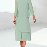 Mother of the Bride/Groom Dress Elegant Tea Length Chiffon 3/4 Length Sleeve Wrap Included with Ruching - Thumbnail 4