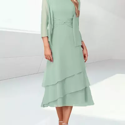 Mother of the bride/groom dress elegant tea length chiffon 3/4 length sleeve wrap included with ruching