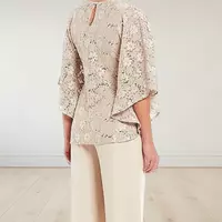 Pantsuit 3 Piece Mother of the Bride /Groom Dress Formal Wedding Guest Jewel Neck Floor Length Chiffon 3/4 Length Sleeve with Lace - Thumbnail 1