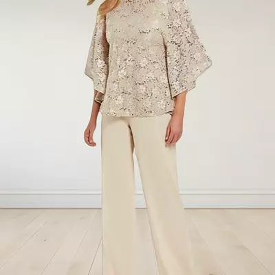 Pantsuit 3 piece mother of the bride /groom dress formal wedding guest jewel neck floor length chiffon 3/4 length sleeve with lace