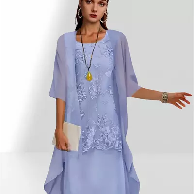 Two piece mother of the bride /groom dress elegant jewel neck tea length chiffon lace sleeveless jacket dresses