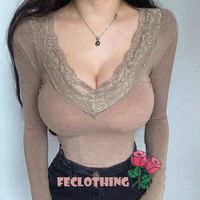 Retro fresh lace splicing sweet age-reducing deep V long-sleeved short T-shirt - Thumbnail 7