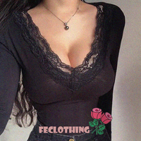 Retro fresh lace splicing sweet age-reducing deep V long-sleeved short T-shirt - Thumbnail 8