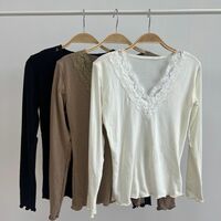 Retro fresh lace splicing sweet age-reducing deep V long-sleeved short T-shirt - Thumbnail 9