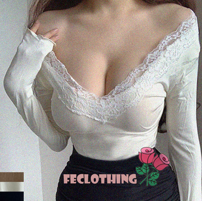 Retro fresh lace splicing sweet age-reducing deep V long-sleeved short T-shirt