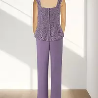 Jumpsuit / Pantsuit 3 Piece Mother of the Bride/Groom Dress Formal Wedding Guest Elegant Square Neck Chiffon Lace Half Sleeve - Thumbnail 5