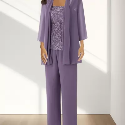 Jumpsuit / pantsuit 3 piece mother of the bride/groom dress formal wedding guest elegant square neck chiffon lace half sleeve