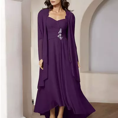 Two piece a-line mother of the bride/groom dress elegant wedding guest vintage chiffon long sleeve with lace ruched 