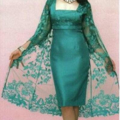 Green sheath mother of the bride/groom dress simple lace tea-length evening formal wedding guest 
