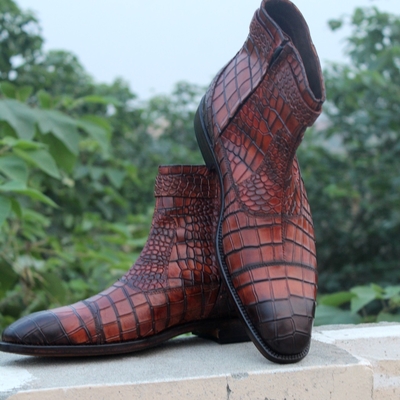 Crafted leather classic men shoes brown leather crocodile/alligator strap jodhpur boot - Thumbnail 4