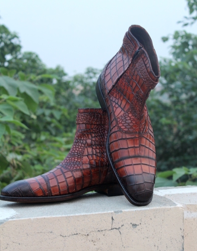 Crafted Leather Classic Men Shoes Brown Leather Crocodile/Alligator Strap Jodhpur Boot