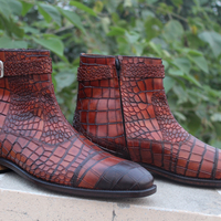 Crafted Leather Classic Men Shoes Brown Leather Crocodile/Alligator Strap Jodhpur Boot - Thumbnail 2