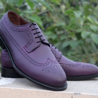 Crafted Leather Classic Men Purple Leather Wingtip Oxford Dress Shoes - Thumbnail 2