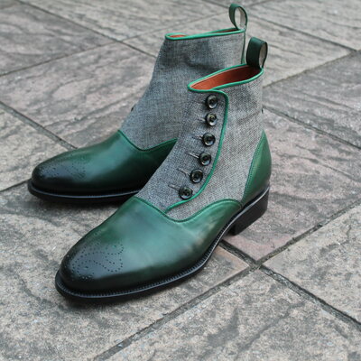 Crafted leather classic dress shoes green leather and tweed contrast ankle high button boot