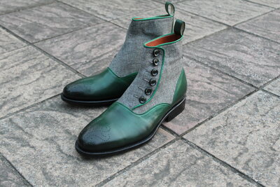 Crafted Leather Classic Dress Shoes Green Leather and Tweed Contrast Ankle High Button Boot
