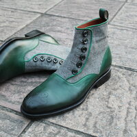 Crafted Leather Classic Dress Shoes Green Leather and Tweed Contrast Ankle High Button Boot - Thumbnail 1