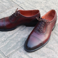 Crafted Leather Classic Men Burgundy Leather Oxford Lace up Dress Shoes - Thumbnail 2
