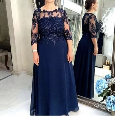 Navy Blue Mother of the Bride Dresses with 3/4 Sleeves