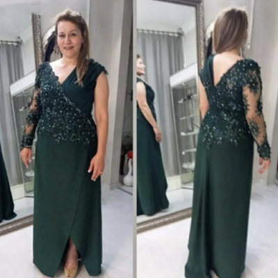 Hunter green deep v neck mother of the bride dresses 