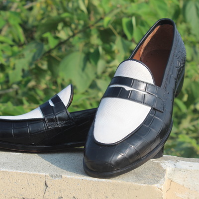 Crafted leather classic men black white crocodile leather moccasin loafers dress shoes - Thumbnail 3