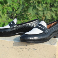 Crafted Leather Classic Men Black White Crocodile Leather Moccasin Loafers Dress Shoes - Thumbnail 1
