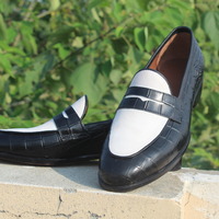 Crafted Leather Classic Men Black White Crocodile Leather Moccasin Loafers Dress Shoes - Thumbnail 2