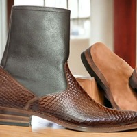 Handmade Ankle High Black Leather Brown Python Texture Boot For Men's  - Thumbnail 1