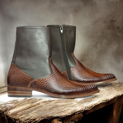 Handmade ankle high black leather brown python texture boot for men's 