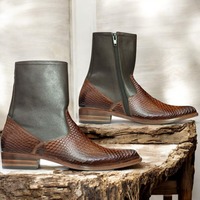 Handmade Ankle High Black Leather Brown Python Texture Boot For Men's  - Thumbnail 2