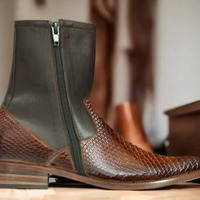 Handmade Ankle High Black Leather Brown Python Texture Boot For Men's  - Thumbnail 3