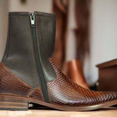 Ankle high men's black brown python texture boot, hand painted boot