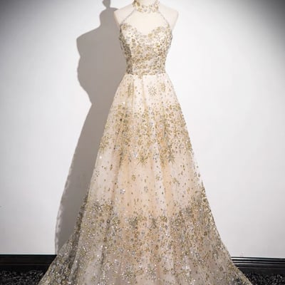 Champagne tulle sequins long prom party dress - Thumbnail 1