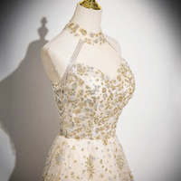 Champagne Tulle Sequins Long Prom Party Dress - Thumbnail 4