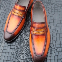 Crafted Leather Classic Tan Patina Leather Moccasin Loafers Dress Shoes - Thumbnail 1