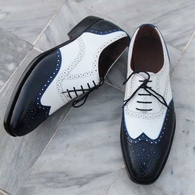 Crafted leather classic men blue white leather wingtip oxford dress shoes - Thumbnail 3