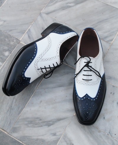Crafted Leather Classic Men Blue White Leather Wingtip Oxford Dress Shoes