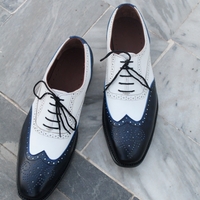 Crafted Leather Classic Men Blue White Leather Wingtip Oxford Dress Shoes - Thumbnail 2