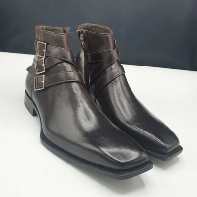 Crafted leather classic men shoes dark brown leather triple buckle strap side zipper jodhpur ankle high boot