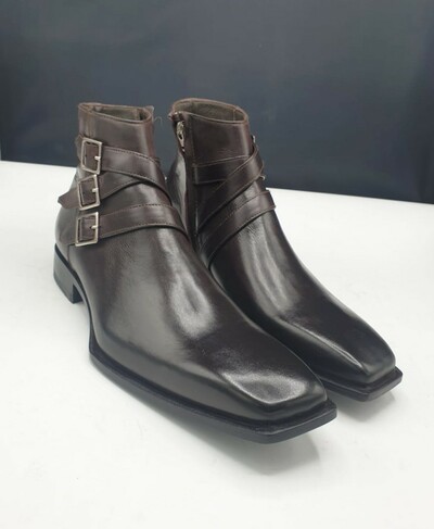 Crafted Leather Classic Men Shoes Dark Brown Leather Triple Buckle Strap Side Zipper Jodhpur Ankle High Boot