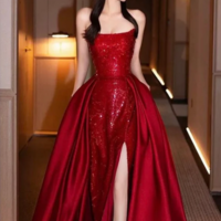 Mermaid Off Shoulder Wine Red Sequined A-line Long Slit Evening Dresses - Thumbnail 1